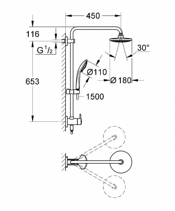 GROHE 26190000 Retro-fit 180 Душевая система с переключателем для настенного монтажа. Фото